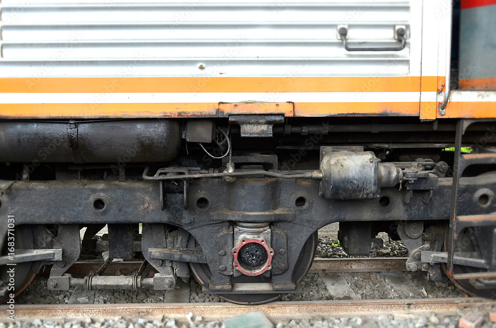 Old train wheel on a track, view of the wheels of a train