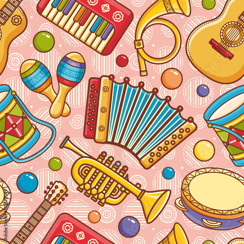 Musical instrument seamless pattern. Cartoon style