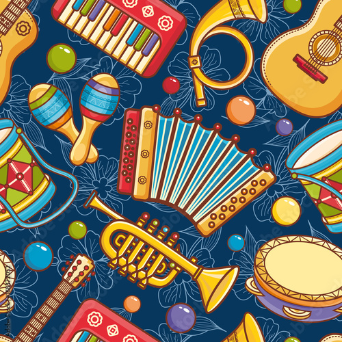 Musical instrument seamless pattern. Cartoon style