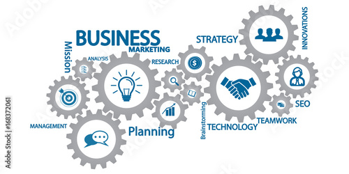 Marketing mechanism concept. Abstract background with connected gears and icons for strategy, service, analytics, research, seo,digital marketing, communicate concepts. Vector infographic illustration