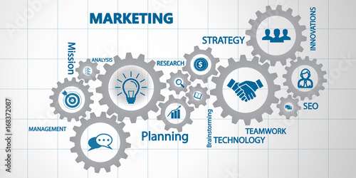 Marketing mechanism concept. Abstract background with connected gears and icons for strategy, service, analytics, research, seo,digital marketing, communicate concepts. Vector infographic illustration