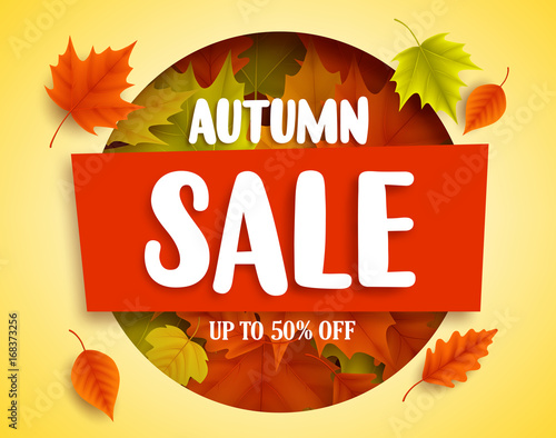 Autumn sale vector banner design in red box with colorful maple leaves elements for fall season marketing promotion. Vector illustration.
