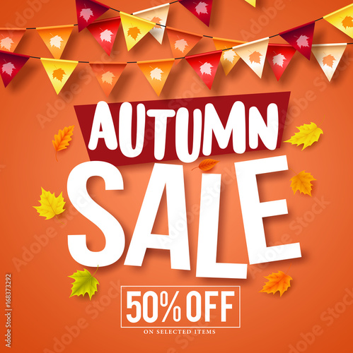Autumn sale vector banner design with fall season maple leaves and colorful hanging streamers  background for store marketing promotions. Vector illustration.
