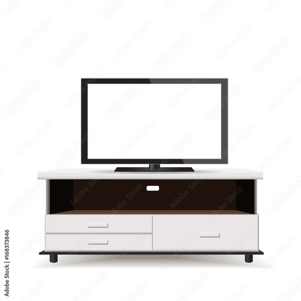 Realistic vector Television put on white wooden table Realistic vector Television put on white wooden table