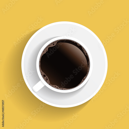 Realistic top view white coffee cup and saucer isolated on yellow background. illustration