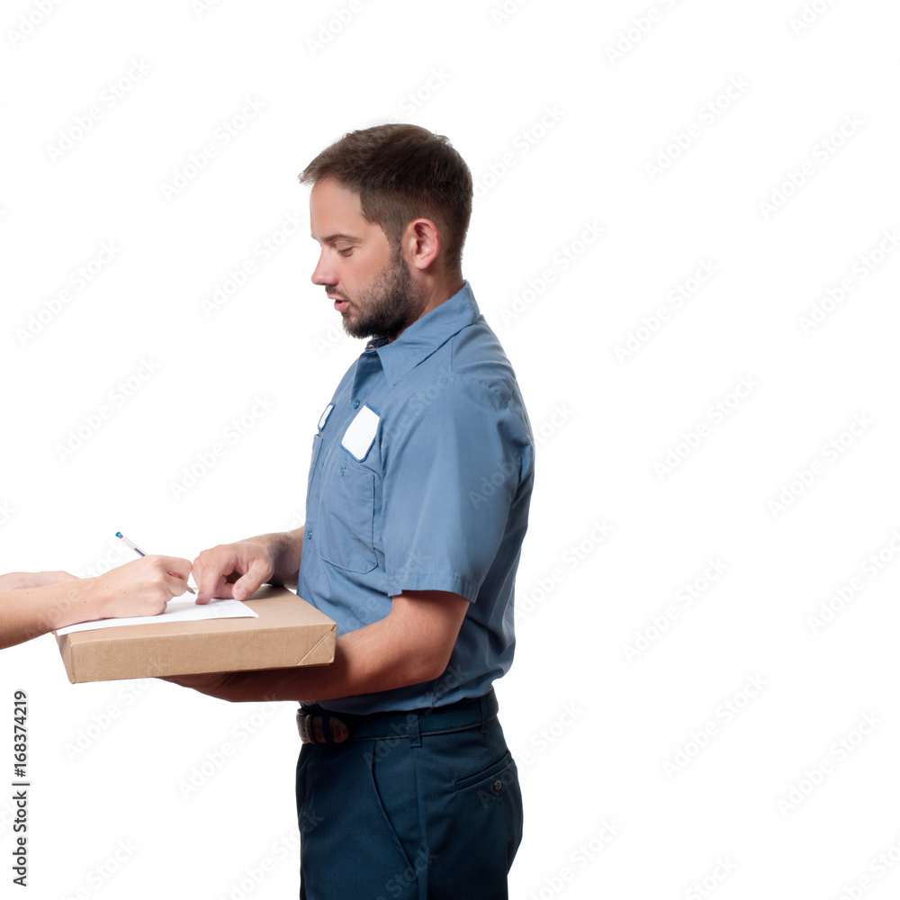 Delivery man handing parcel box to recipient - courier service concept Delivery man handing parcel box to recipient - courier service concept