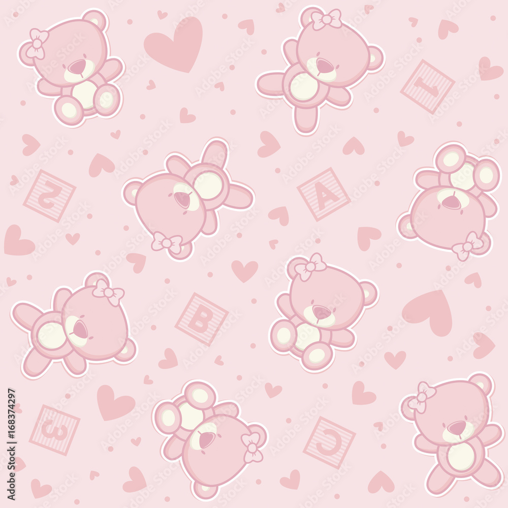 cute teddy bear seamless background with hearts and alphabetical cubes, design for baby girl and children