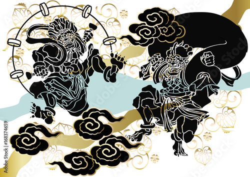 風神　雷神図　和柄