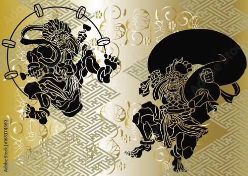 風神　雷神図　和柄