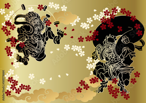 風神　雷神図　和柄