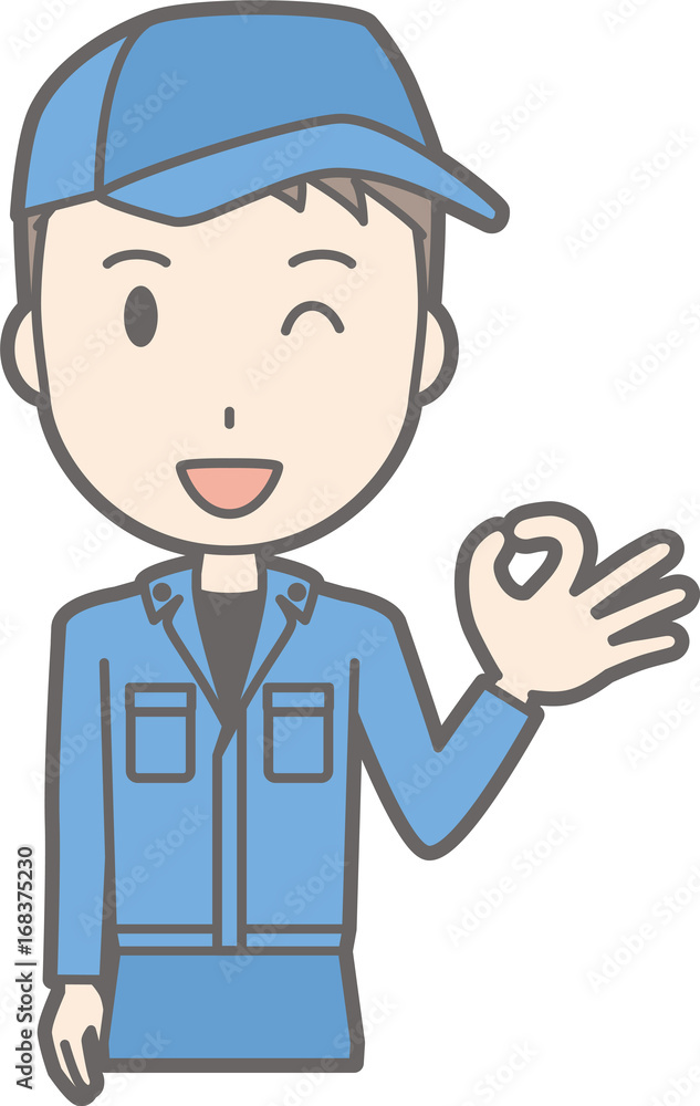 Illustration that a man wearing work clothes is doing an okay sign Illustration that a man wearing work clothes is doing an okay sign
