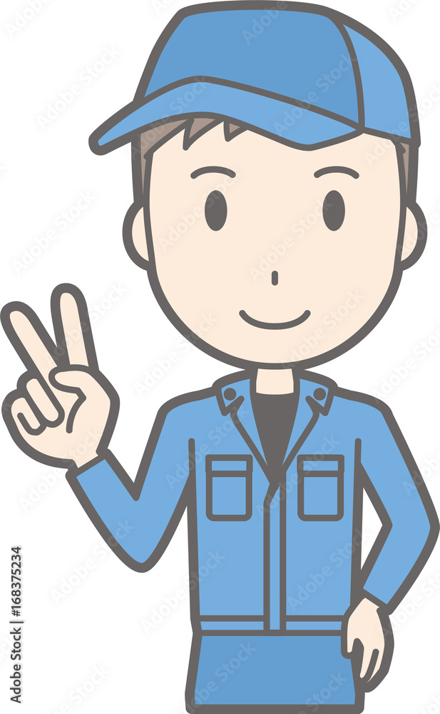 Illustration that a man wearing work clothes is peace sign Illustration that a man wearing work clothes is peace sign