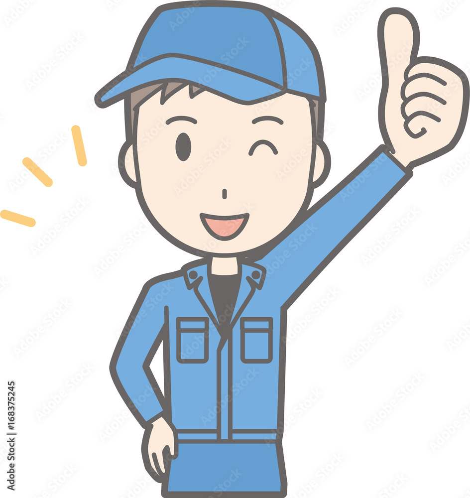 Illustration that a man wearing work clothes stands his thumb