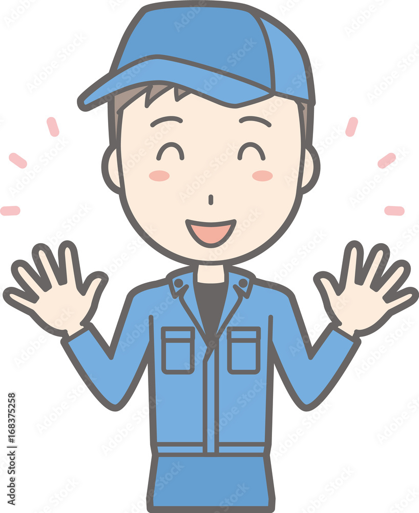 Illustration that a man wearing work clothes opens her hand and is laughing Illustration that a man wearing work clothes opens her hand and is laughing