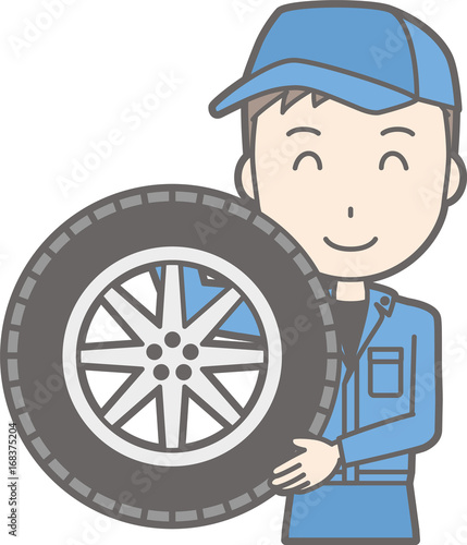Illustration that a man wearing work clothes has a tire
