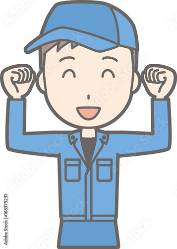 Illustration that a man wearing work clothes raises his hands and laughs