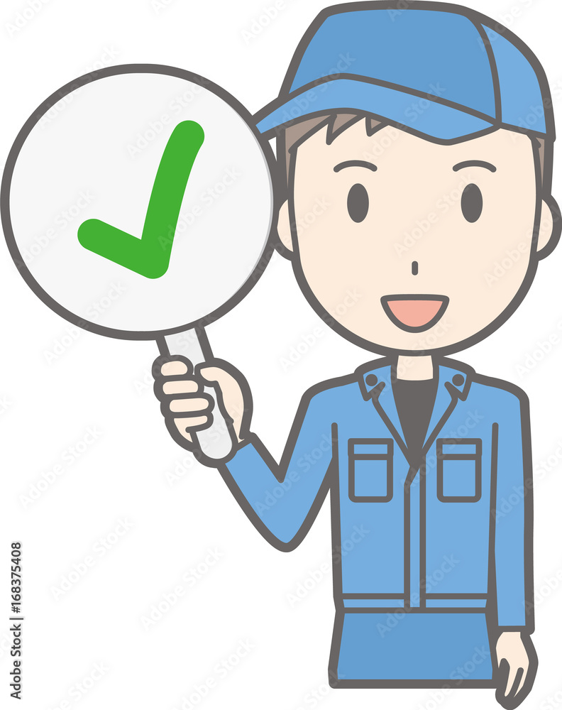 Illustration that a man wearing work clothes has a checkmark tag Illustration that a man wearing work clothes has a checkmark tag