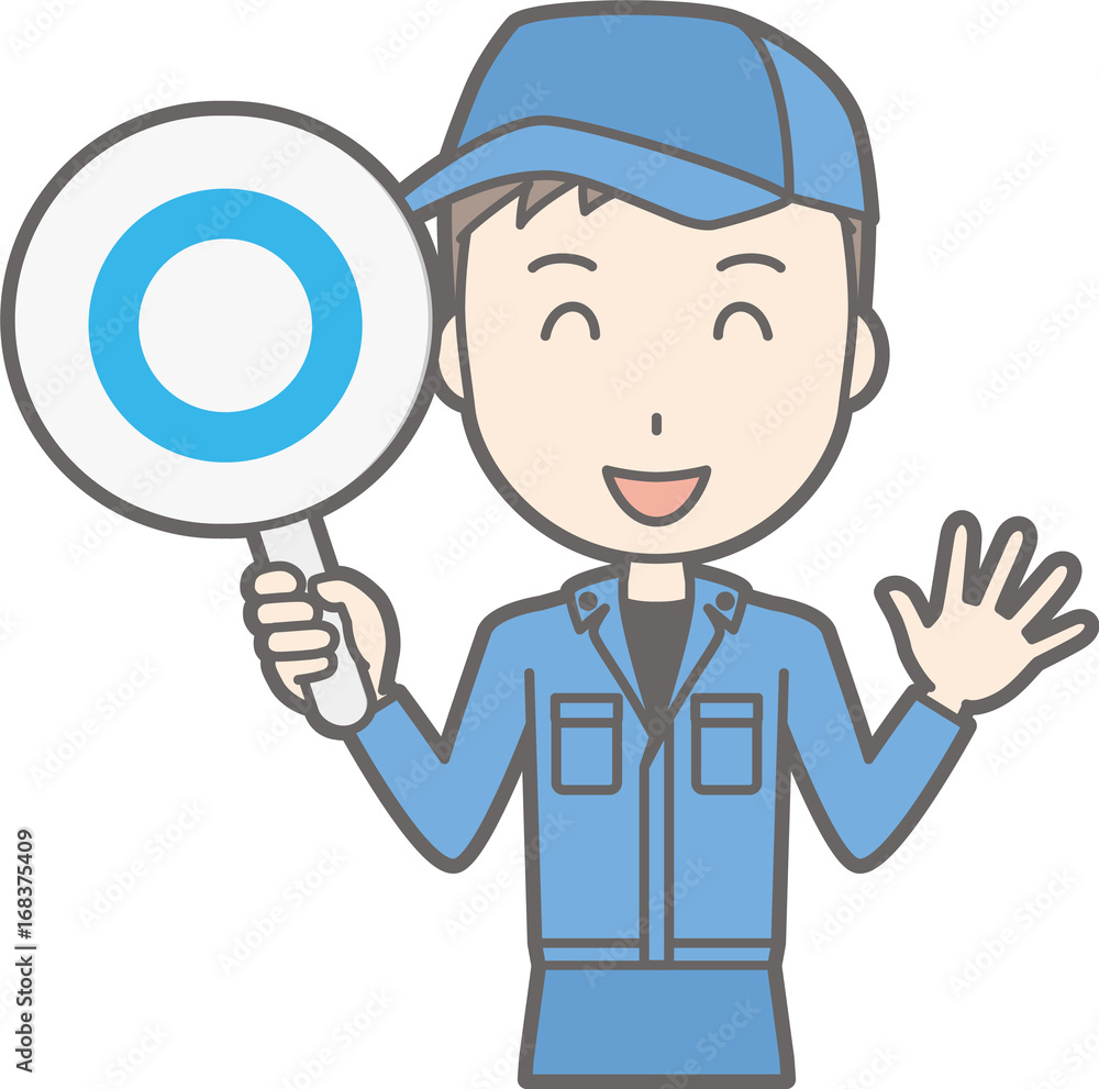 Illustration that a man wearing work clothes has a circle tag Illustration that a man wearing work clothes has a circle tag