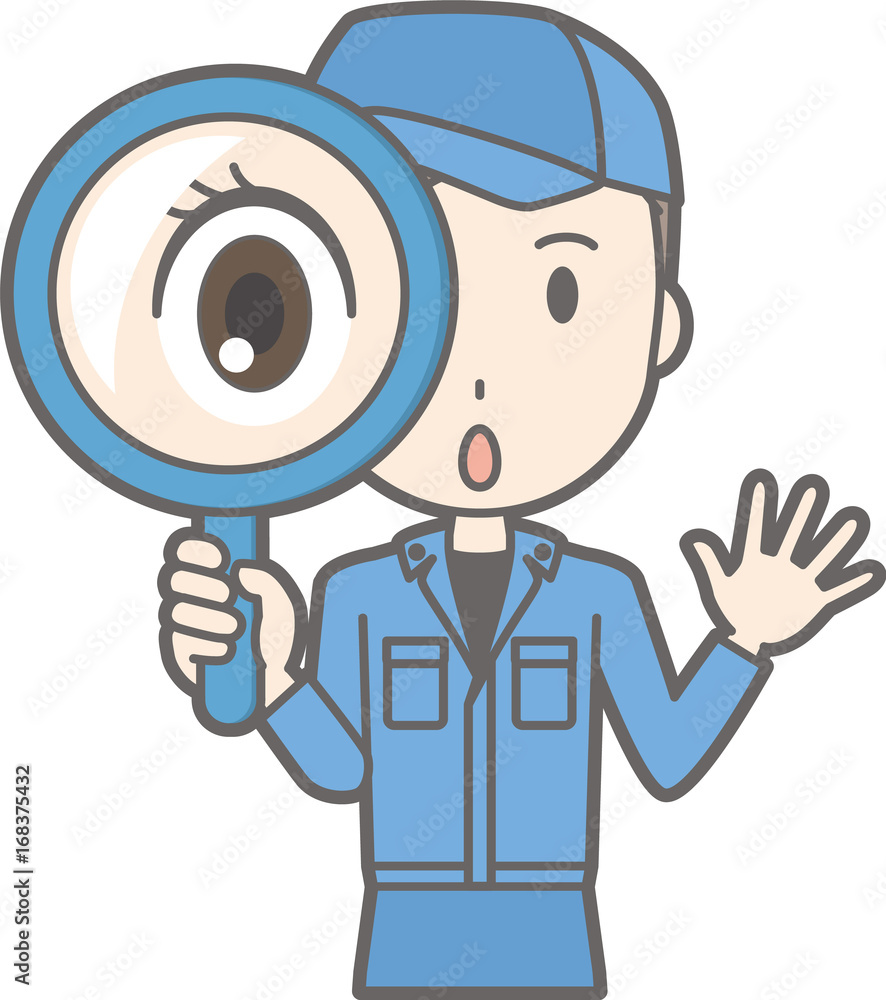 Illustration that a man wearing work clothes has a magnifying glass