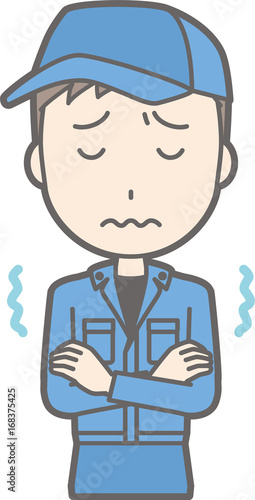 Illustration that a man wearing work clothes is cold and trembling
