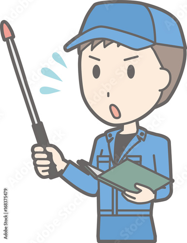 An illustration that a man wearing a work cloth is impatient with an instruction stick