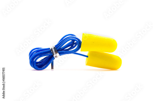Yellow earplugs with blue band.