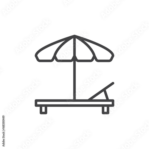 Beach umbrella and Sun lounger line icon, outline vector sign, linear style pictogram isolated on white. Sunbed symbol, logo illustration. Editable stroke. Pixel perfect vector graphics