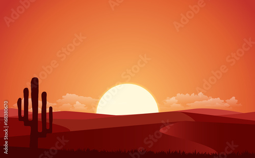 Vector flat landscape view with the night of desert. Illustration with the sunset view in the desert. or the website background