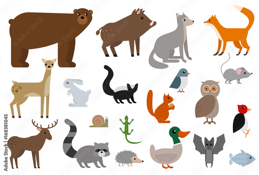 Wild animals elements collection, flat icons set Wild animals elements collection, flat icons set