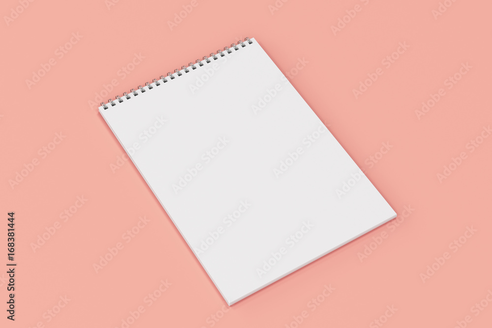 Blank white notebook with metal spiral bound on red background Blank white notebook with metal spiral bound on red background