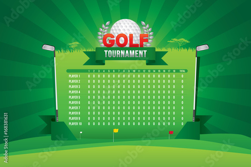 Vector of golf tournament with players and scoreboard.