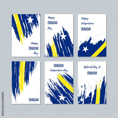 Curacao Patriotic Cards for National Day. Expressive Brush Stroke in National Flag Colors on white card background. Curacao Patriotic Vector Greeting Card.