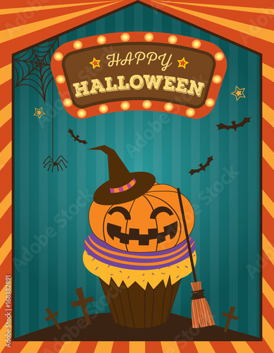 Halloween retro poster with pumpkin cupcake