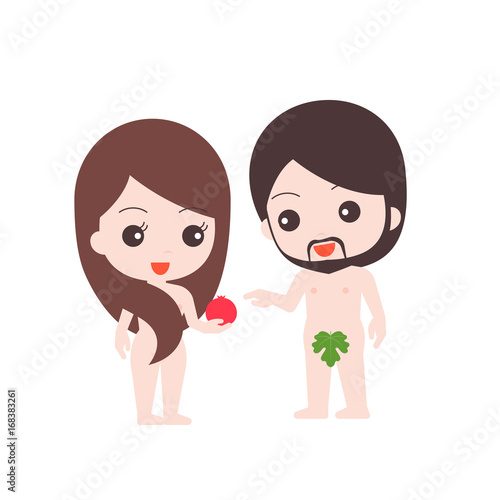 naked adam and eve illustration, while eve giving fruit of knowledge to adam in genesis, flat design vector
