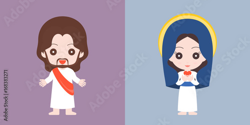 Jesus and Mary cute character, flat design vector illustration