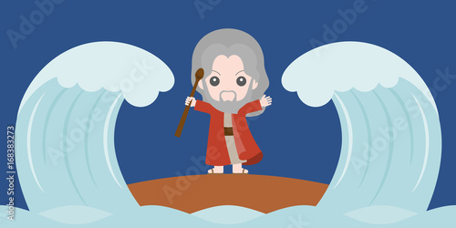 moses dividing the red sea in two parts, flat design cute character 