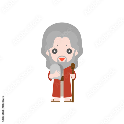 Moses with ten commandments and rod (matteh), cute character in flat style