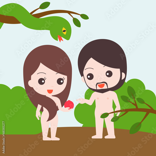 adam and eve with snake in garden of eden illustration, while eve giving fruit of knowledge to adam in genesis, flat design vector