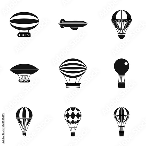 Airship balloons icon set, simple style