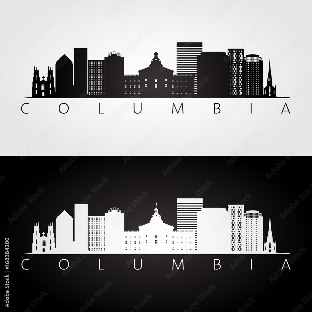Columbia USA skyline and landmarks silhouette, black and white design, vector illustration.