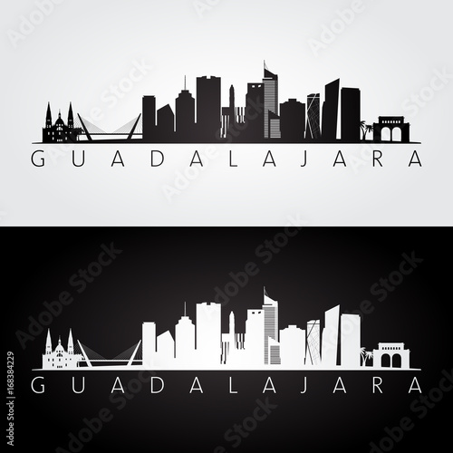 Guadalajara skyline and landmarks silhouette, black and white design, vector illustration.