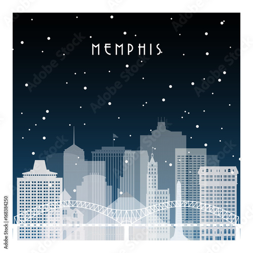 Winter night in Memphis. Night city in flat style for banner, poster, illustration, game, background.