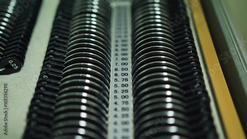 Optometrist's and ophtalmologist's examination tools in a laboratory. Indoor. Close up.