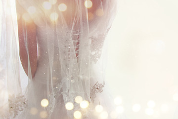 Beautiful bride with wedding dress and veil, from behind.