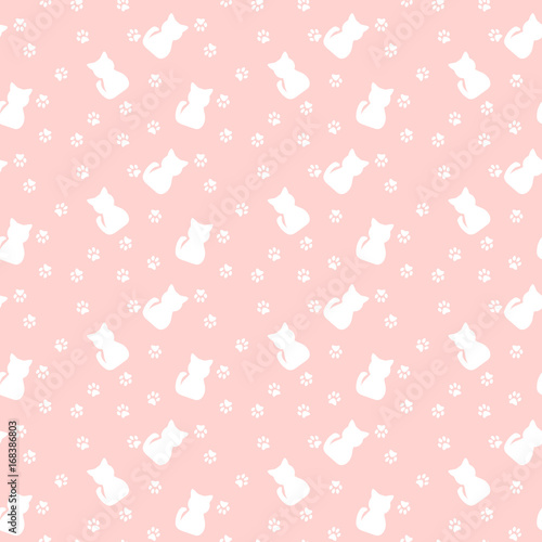 Cute seamless pattern with cats, paw prints Vector illustration