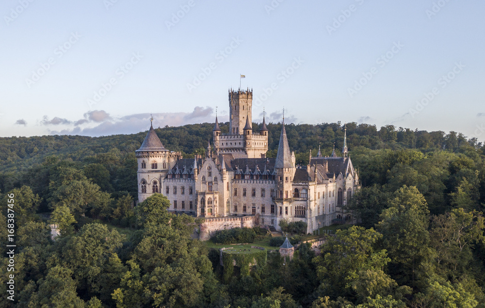 Aerial view of a Gothic revival Marienburg castle in Lower Saxony, Germany