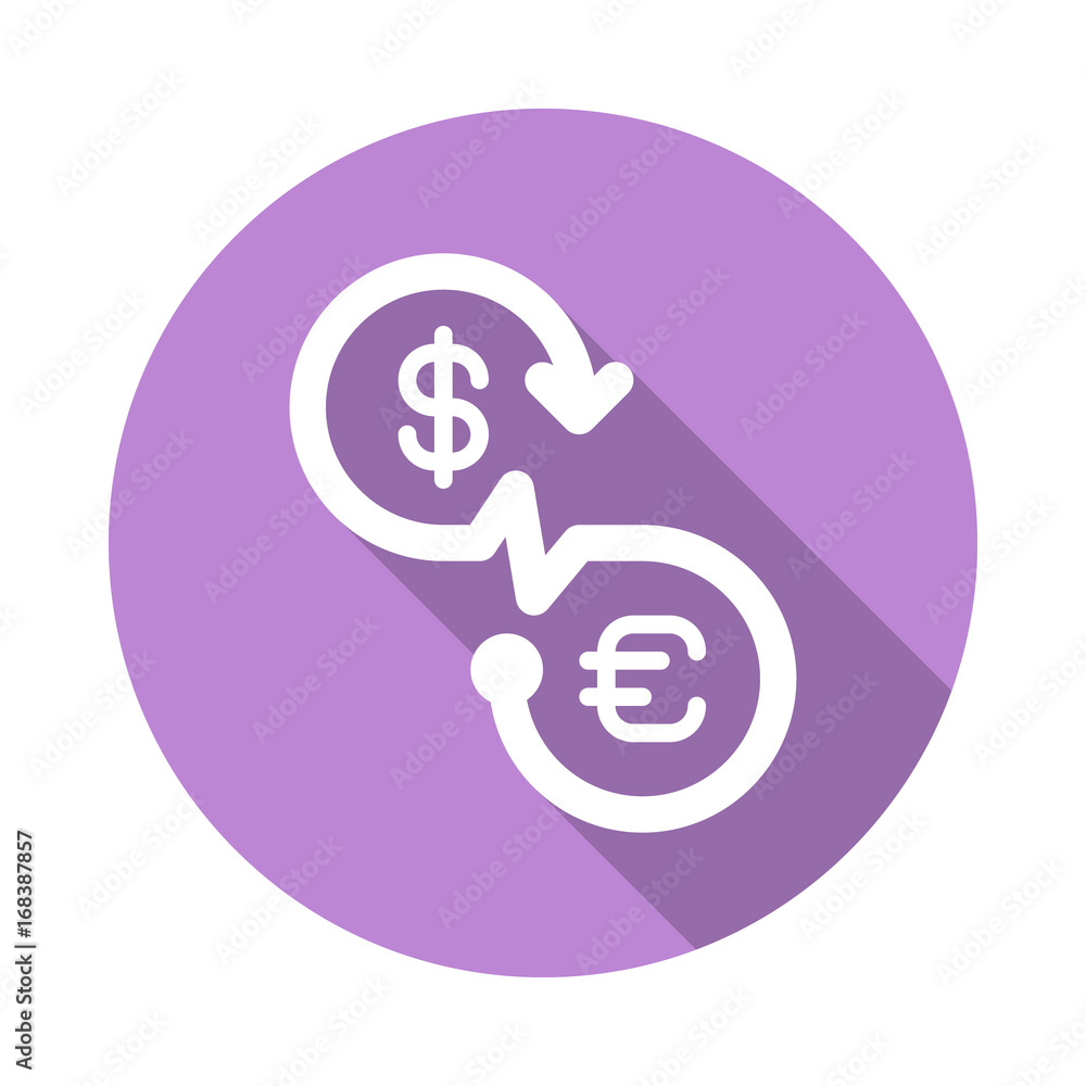 Currency exchange flat icon. Round colorful button, circular vector sign with long shadow effect. Flat style design Currency exchange flat icon. Round colorful button, circular vector sign with long shadow effect. Flat style design