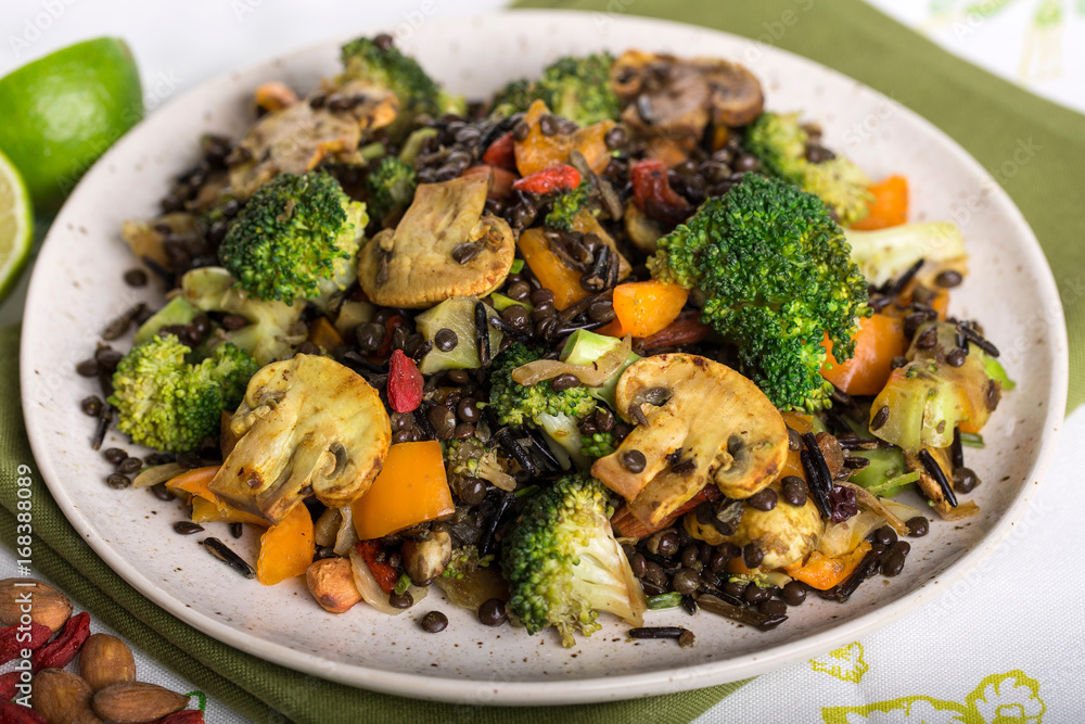 Closeup shot of healthy Vegan Mix of Broccoli Wild Rice and Lentils dish Closeup shot of healthy Vegan Mix of Broccoli Wild Rice and Lentils dish