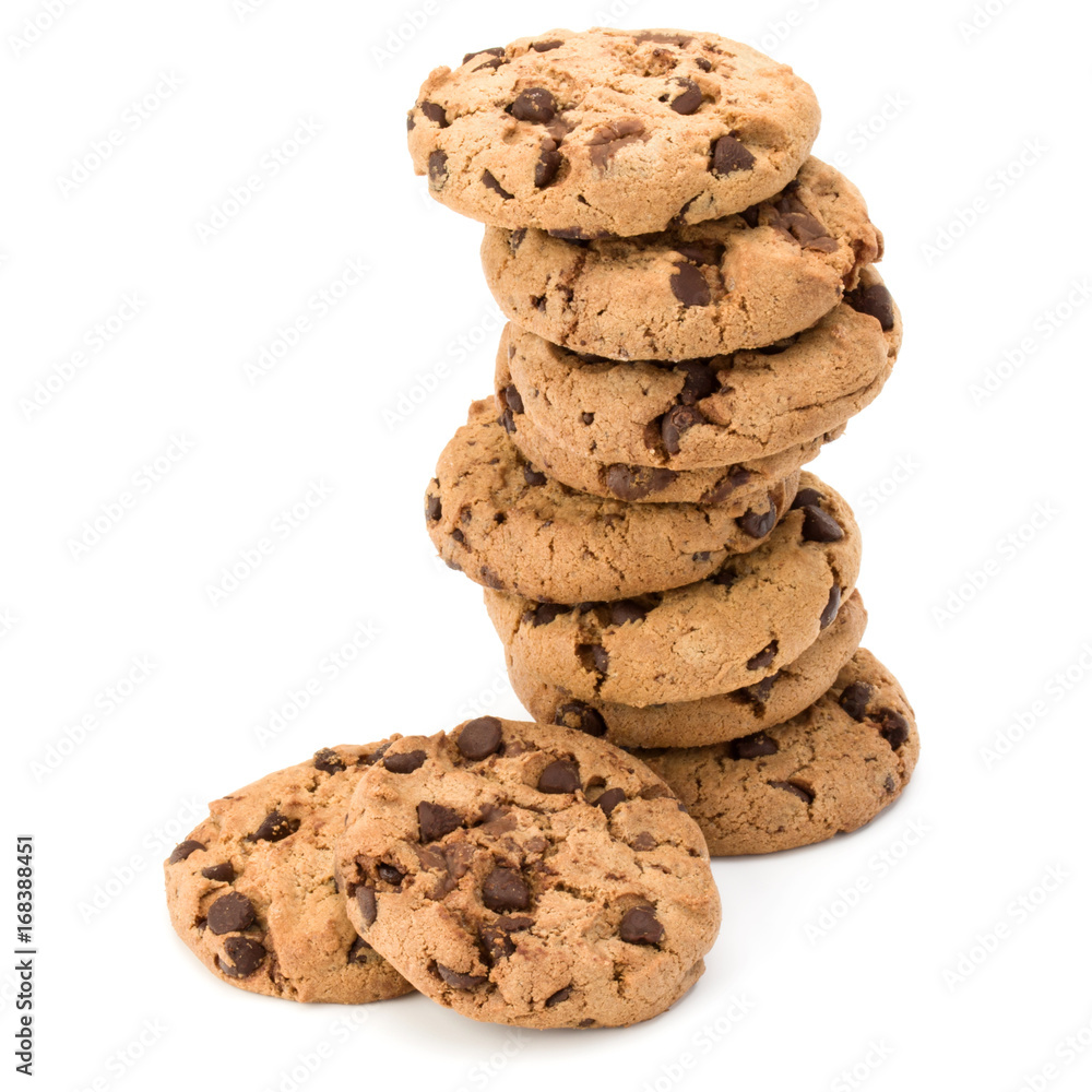 Stacked Chocolate chip cookies isolated on white background. Sweet biscuits. Homemade pastry. Stacked Chocolate chip cookies isolated on white background. Sweet biscuits. Homemade pastry.