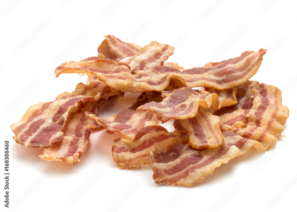 cooked crispy slices of bacon isolated on white background cooked crispy slices of bacon isolated on white background